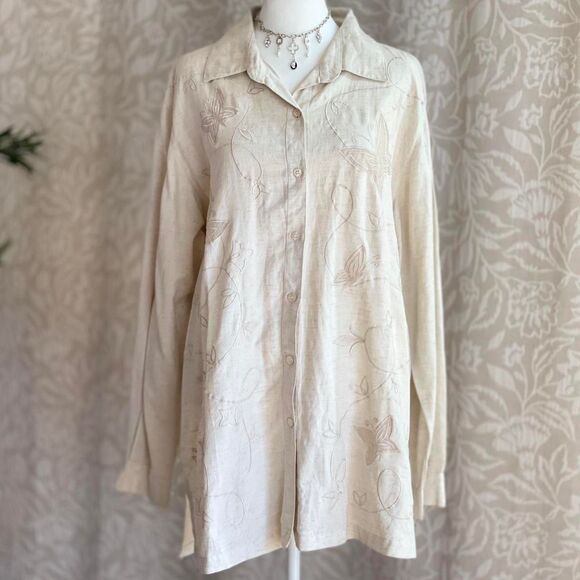 NWT Vintage 90s Tower Hill‎ Ivory Linen ButtonUp Shirt Butterfly Embroidery Sz L - Picture 1 of 8